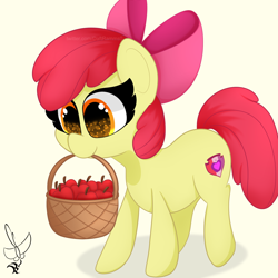 Size: 2000x2000 | Tagged: safe, artist:daftramms, apple bloom, earth pony, pony, g4, adorabloom, apple, apple basket, apple bloom's bow, basket, bow, cute, female, filly, foal, food, hair bow, high res, mouth hold, shadow, simple background, solo, tan background