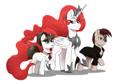 Size: 1280x876 | Tagged: safe, artist:rand-dums, raven, oc, oc:buckshot, oc:solaris, alicorn, cyborg, earth pony, pony, fallout equestria, fallout equestria: influx, g4, alicorn oc, armor, fanfic art, female, horn, looking at each other, looking at someone, mare, simple background, smiling, transparent background, wings