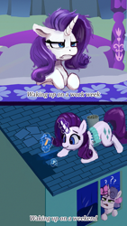 Size: 1000x1778 | Tagged: safe, artist:phutashi, rarity, sweetie belle, pony, unicorn, g4, bed, bed mane, comic, duo, female, filly, foal, frown, grumpy, hammer, levitation, magic, mare, messy mane, morning ponies, nail, night, question mark, roof, roofing, siblings, simpsons did it, sisters, telekinesis, tired, unamused, window