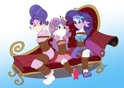 Size: 1280x912 | Tagged: safe, artist:lustdidharem, cookie crumbles, rarity, sweetie belle, human, equestria girls, g4, arm behind back, bondage, bound and gagged, breasts, cloth gag, clothes, commission, damsel in distress, emanata, equestria girls-ified, fainting couch, family, female, gag, gradient background, help us, legs together, looking at each other, looking at someone, mother and child, mother and daughter, nightgown, over the nose gag, rope, rope bondage, siblings, sisters, sitting, sleep mask, sleepwear, socks, stocking feet, tied up, trio, trio female