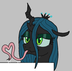 Size: 405x404 | Tagged: safe, artist:legendoflink, queen chrysalis, changeling, changeling queen, g4, aggie.io, bust, drool, eyeshadow, female, heart, horn, lidded eyes, long tongue, lowres, makeup, prehensile tongue, raised eyebrow, simple background, solo, tongue out, wingding eyes