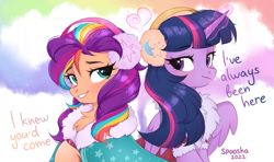 Size: 1265x748 | Tagged: safe, artist:spoosha, sunny starscout, twilight sparkle, alicorn, earth pony, pony, g4, g5, my little pony: tell your tale, chest fluff, duo, earmuffs, female, heart, heart eyes, looking at each other, looking at someone, magic, mane stripe sunny, mare, smiling, sunny and her heroine, text, twilight sparkle (alicorn), wingding eyes