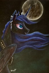 Size: 1986x2920 | Tagged: safe, artist:cahandariella, nightmare moon, princess luna, alicorn, pony, g4, bust, colored pencil drawing, jewelry, moon, night, portrait, redesign, shadow, solo, traditional art, windswept mane