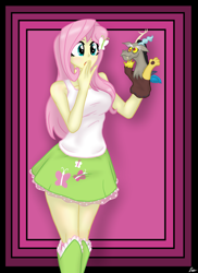 Size: 2975x4092 | Tagged: safe, artist:lennondash, discord, fluttershy, draconequus, human, equestria girls, g4, butterfly hairpin, clothes, dialogue in the description, hand over mouth, hand puppet, open mouth, out of frame, pink background, puppet, simple background, skirt, solo, tank top, ventriloquism