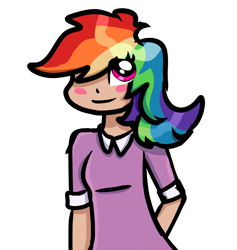 Size: 3180x3356 | Tagged: safe, artist:nitlynjane, rainbow dash, human, g4, arm behind back, blush sticker, blushing, clothes, dress, female, high res, humanized, rainbow dash always dresses in style, simple background, smiling, solo, transparent background