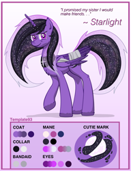Size: 3300x4300 | Tagged: safe, artist:template93, oc, oc only, oc:starlight, alicorn, pony, alicorn oc, bandage, bandaged wing, collar, commission, cracked horn, female, flowing mane, horn, reference sheet, smiling, solo, stars, wings