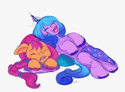 Size: 749x549 | Tagged: safe, artist:saphypone, izzy moonbow, sunny starscout, earth pony, pony, unicorn, g5, chest fluff, cute, drool, duo, duo female, eyebrows, eyebrows visible through hair, eyes closed, female, happy, izzybetes, lying down, mare, on back, open mouth, open smile, prone, simple background, sleeping, smiling, snoring, sunnybetes, unshorn fetlocks, white background