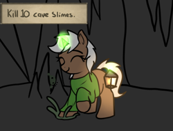 Size: 800x609 | Tagged: safe, artist:neuro, oc, oc only, pony, unicorn, eyes closed, female, filly, foal, glowing, glowing horn, horn, lantern, quest, runescape, slime, smiling, solo