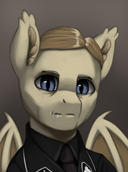 Size: 3120x4200 | Tagged: safe, artist:闪电_lightning, oc, oc only, bat pony, pony, equestria at war mod, bust, clothes, ear fluff, fangs, frown, gradient background, gray background, looking at you, military uniform, necktie, portrait, simple background, uniform