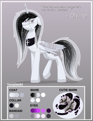 Size: 3300x4300 | Tagged: safe, artist:template93, oc, oc only, alicorn, pony, alicorn oc, angry, bandage, bandaged wing, collar, cracked horn, evil, female, flowing mane, horn, reference sheet, solo, stars, wings