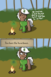 Size: 947x1422 | Tagged: safe, artist:neuro, oc, oc only, pony, unicorn, 2 panel comic, campfire, comic, eyes closed, female, filly, foal, frown, levitation, magic, open mouth, open smile, runescape, smiling, solo, telekinesis