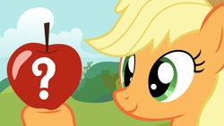 Size: 1280x720 | Tagged: safe, artist:tobbby92, applejack, earth pony, pony, g4, apple, female, food, hoof hold, looking at something, mare, question mark, solo, youtube link
