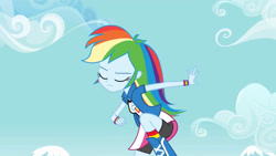 Size: 3410x1920 | Tagged: safe, screencap, rainbow dash, human, equestria girls, g4, my little pony equestria girls, boots, clothes, cutie mark on clothes, eyes closed, female, high res, shoes, solo