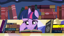 Size: 1920x1080 | Tagged: safe, artist:tobbby92, twilight sparkle, alicorn, pony, g4, book, book title humor, death note, female, fifty shades of grey, for dummies, i robot, library, lord of the rings, mare, necronomicon, reading, scroll, solo, supporting head, tired, twilight sparkle (alicorn), wallpaper