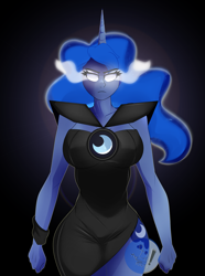 Size: 2220x2980 | Tagged: safe, artist:diamondgreenanimat0, princess luna, human, g4, 2022, angry, breasts, busty princess luna, clothes, curvy, cutie mark on human, dress, eye mist, female, halfbody, high res, hips, horn, horned humanization, hourglass figure, humanized, looking at you, pony coloring, solo, white eyes