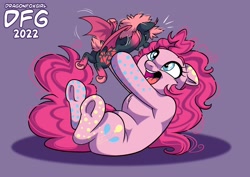 Size: 2039x1447 | Tagged: safe, artist:dragonfoxgirl, pinkie pie, oc, bat pony, earth pony, pony, g4, 2022, holding a pony, smiling