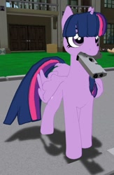 Size: 739x1134 | Tagged: safe, artist:acesential, twilight sparkle, alicorn, pony, g4, 3d, female, gun, handgun, mare, mouth hold, pistol, reaction image, second life, solo, twilight sparkle (alicorn)