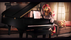 Size: 9600x5400 | Tagged: safe, artist:imafutureguitarhero, sunset shimmer, classical unicorn, pony, unicorn, anthro, unguligrade anthro, g4, 3d, absurd file size, absurd resolution, anthro ponidox, anthro with ponies, black bars, boob freckles, breasts, c:, chair, cheek fluff, chest freckles, chromatic aberration, clothes, cloven hooves, colored eyebrows, colored eyelashes, couch, curtains, cute, daaaaaaaaaaaw, dress, duo, ear fluff, ear freckles, ear piercing, earring, eyes closed, face down ass up, female, film grain, fireplace, floppy ears, fluffy, fluffy hair, fluffy mane, fluffy tail, freckles, french maid, frog (hoof), fur, gloves, glowing, hoof fluff, horn, indoors, jewelry, leaning, leggings, leonine tail, letterboxing, long gloves, long hair, long mane, long socks, maid, mare, multicolored hair, multicolored mane, multicolored tail, musical instrument, neck fluff, nose wrinkle, one ear down, painting, paintover, peppered bacon, piano, piercing, pillow, pot, revamped anthros, revamped ponies, rug, scrunchy face, self paradox, self ponidox, sheet music, shimmerbetes, signature, smiling, socks, source filmmaker, stool, stretching, sunlight, tail, underhoof, unshorn fetlocks, volumetric light, wall of tags, window