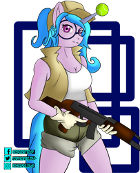 Size: 2118x2613 | Tagged: safe, artist:papery xlp, izzy moonbow, unicorn, anthro, g5, ak-47, assault rifle, ball, breasts, busty izzy moonbow, clothes, cosplay, costume, crossover, female, fio germi, glasses, gloves, gun, hat, high res, izzy's tennis ball, metal slug, rifle, round glasses, shorts, simple background, solo, tennis ball, transparent background, weapon