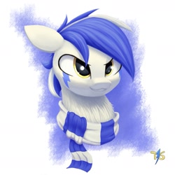 Size: 1511x1511 | Tagged: safe, artist:t15, oc, oc only, oc:thunder shines, pony, blue background, blue mane, bust, chest fluff, clothes, confident, facial markings, open mouth, scarf, simple background, solo, striped scarf, teeth, white background, yellow eyes