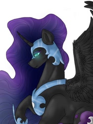 Size: 384x512 | Tagged: safe, artist:unknownfilters, nightmare moon, alicorn, pony, g4, blue eyes, blue mane, ethereal mane, feather, female, flowing mane, glowing, glowing eyes, helmet, hoof shoes, horn, mare, peytral, raised hoof, simple background, smiling, solo, spread wings, starry mane, white background, wings