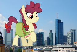 Size: 1920x1310 | Tagged: safe, artist:reginault, artist:thegiantponyfan, hilly hooffield, earth pony, pony, g4, clothes, dress, female, frankfurt, germany, giant pony, giant/macro earth pony, giantess, highrise ponies, hooffield family, irl, macro, mare, mega giant, photo, ponies in real life, raised hoof, smiling