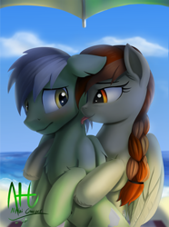 Size: 1000x1346 | Tagged: safe, artist:nihaicreeper, oc, oc:pora hooft, oc:traveller will, pegasus, pony, beach, belly button, blushing, braid, chest fluff, couple, duo, female, from behind, holding a pony, hoof fluff, licking, male, mare, oc x oc, ocean, pegasus oc, sexy, shipping, sky, stallion, tongue out, umbrella, water, yellow eyes