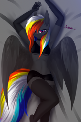 Size: 3000x4500 | Tagged: safe, artist:darky_wings, oc, oc only, oc:darky wings, pegasus, anthro, plantigrade anthro, bedroom eyes, belly button, bra, breasts, choker, clothes, collar, female, horny, looking at you, mare, rawr, socks, solo, stockings, thigh highs, thigh socks, thighs, underboob, underwear, wings