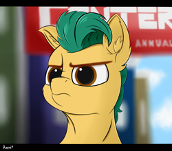 Size: 1100x968 | Tagged: safe, artist:rapid9, hitch trailblazer, earth pony, pony, g5, angry, blurry background, bust, canterlogic, cute, ear fluff, grumpy, madorable, male, maretime bay, portrait, solo, stallion