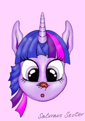 Size: 1131x1599 | Tagged: safe, artist:saturnus sector, twilight sparkle, insect, ladybug, pony, g4, female, insect on nose, ladybug on nose, mare, purple background, simple background, solo, surprised