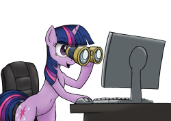 Size: 1200x850 | Tagged: safe, artist:anearbyanimal, artist:jessijinx, edit, twilight sparkle, pony, unicorn, g4, belly button, binoculars, bipedal, bipedal leaning, chair, computer, computer mouse, duckery in the comments, eyes on the prize, female, hoof hold, keyboard, leaning, mare, meme, monitor, open mouth, open smile, ponified meme, pubic mound, reaction image, simple background, smiling, solo, transparent background, unicorn twilight, wingless, wingless edit