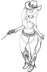 Size: 580x887 | Tagged: safe, artist:jessijinx, oc, oc only, oc:velvet penrose, anthro, belt, black and white, boots, breasts, cleavage, clothes, cowboy boots, cowboy hat, cowgirl, cowgirl outfit, cursor, female, grayscale, gun, handgun, hat, looking at you, monochrome, revolver, shoes, sketch, solo