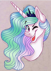 Size: 355x494 | Tagged: safe, artist:dilfistic, princess celestia, alicorn, pony, g4, bust, female, jewelry, mare, one eye closed, simple background, smiling, tiara, wink