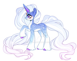 Size: 1024x821 | Tagged: safe, artist:miioko, oc, oc only, pony, unicorn, deviantart watermark, female, horn, mare, obtrusive watermark, raised hoof, simple background, smiling, solo, unicorn oc, watermark, white background