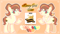 Size: 1280x720 | Tagged: safe, artist:mint-light, artist:putput uuh, oc, oc only, oc:luxury gold wine, earth pony, pony, base used, clothes, colored hooves, cutie mark, ear piercing, earring, earth pony oc, female, fishnet stockings, gold hooves, grin, heart, hooped earrings, hooves, jewelry, looking back, mare, necklace, pearl necklace, piercing, ponytail, reference sheet, smiling, socks, watermark