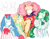 Size: 640x503 | Tagged: safe, artist:ushimooshi, ami ami, fuwa fuwa, kuru kuru, sara sara, earth pony, anthro, g1, afro, ascot, beady eyes, blue hair, bow, clothes, cute, dress, ear piercing, earring, female, green hair, hair accessory, hair bow, height difference, jewelry, mare, mealy mouth (coat marking), piercing, pink hair, small eyes, takara pony, yellow hair