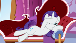 Size: 1280x720 | Tagged: safe, screencap, rarity, pony, unicorn, g4, ppov, season 6, eyes closed, fainting couch, female, horn, mare, marshmelodrama, rarity being rarity, sofa bed, solo