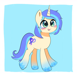 Size: 1622x1607 | Tagged: safe, artist:leo19969525, oc, oc only, pony, unicorn, blue background, blue hair, blue tail, blushing, cute, green eyes, hair, horn, looking at you, male, ocbetes, simple background, solo, tail