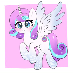 Size: 1460x1454 | Tagged: safe, artist:leo19969525, princess flurry heart, alicorn, pony, g4, blue eyes, blushing, cute, flurrybetes, flying, hair, horn, looking at you, older, older flurry heart, pink background, simple background, smiling, smiling at you, spread wings, tail, wings