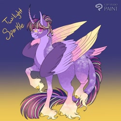 Size: 1280x1280 | Tagged: safe, artist:inisealga, twilight sparkle, alicorn, pony, g4, abstract background, clip studio paint, cloven hooves, coat markings, colored wings, female, folded wings, glasses, gradient background, leonine tail, mare, missing cutie mark, multicolored hair, multicolored mane, multicolored wings, redesign, solo, tail, twilight sparkle (alicorn), unshorn fetlocks, wings