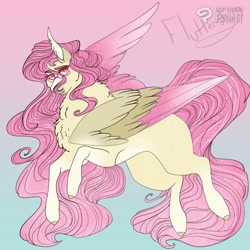 Size: 1280x1280 | Tagged: safe, artist:inisealga, fluttershy, pegasus, pony, g4, abstract background, alternate design, colored wings, ear fluff, female, folded wings, glasses, gradient mane, mare, missing cutie mark, redesign, solo, wing fluff, wings