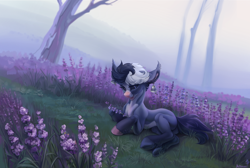 Size: 5040x3387 | Tagged: safe, artist:mithriss, oc, oc only, earth pony, pony, bell, ear piercing, earring, flower, fog, grass, hooves, jewelry, piercing, purple background, simple background, solo, two toned coat, two toned mane, unshorn fetlocks
