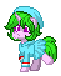 Size: 196x244 | Tagged: safe, artist:rainyponyindo, oc, oc only, oc:rainy rainbow, pony, unicorn, pony town, animated, clothes, cute, female, gif, green mane, hat, hoodie, horn, mare, ocbetes, simple background, skirt, solo, transparent background, trotting, trotting in place, walking