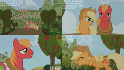 Size: 1280x720 | Tagged: safe, edit, edited screencap, editor:quoterific, screencap, applejack, big macintosh, earth pony, pony, applebuck season, g4, season 1, apple, duo, eyes closed, female, food, male, mare, one eye closed, open mouth, stallion, text, tree, wink