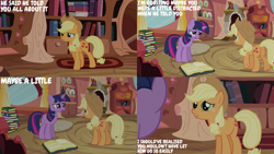 Size: 1280x720 | Tagged: safe, edit, edited screencap, editor:quoterific, screencap, applejack, twilight sparkle, earth pony, pony, unicorn, g4, season 3, spike at your service, applejack's hat, book, cowboy hat, duo, female, golden oaks library, hat, mare, open mouth, text, unicorn twilight