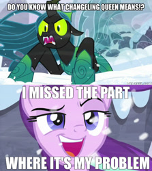 Size: 600x674 | Tagged: safe, edit, edited screencap, screencap, queen chrysalis, starlight glimmer, changeling, pony, unicorn, g4, season 9, the ending of the end, caption, female, male, mare, marvel, meme, spider-man, text, ultimate chrysalis