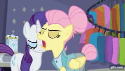 Size: 640x360 | Tagged: safe, screencap, fluttershy, rarity, pegasus, pony, unicorn, fake it 'til you make it, g4, season 8, alternate hairstyle, animated, duo, eyes closed, female, fluttergoth, gif, gifs.com, mare, open mouth, open smile, severeshy, smiling