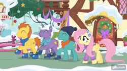 Size: 640x360 | Tagged: safe, screencap, autumn leaf, fluttershy, melon arcade, spike, twilight sparkle, alicorn, dragon, earth pony, pegasus, pony, unicorn, best gift ever, g4, ^^, animated, clothes, eyes closed, female, fluttershy's purple sweater, flying, funny, gif, gifs.com, male, mare, open mouth, open smile, scarf, smiling, snow, spread wings, stallion, striped scarf, twilight sparkle (alicorn), walking, winged spike, wings, winter outfit