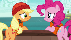 Size: 1280x720 | Tagged: safe, screencap, applejack, pinkie pie, earth pony, pony, g4, ppov, season 6, bipedal, butt, disappointed, duo, duo female, female, looking at each other, looking at someone, mare, plot, sad