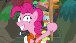 Size: 1280x720 | Tagged: safe, screencap, pinkie pie, earth pony, pony, g4, ppov, season 6, derp, female, lifejacket, mare, pinkie being pinkie, smiling, solo, stick